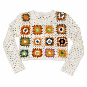 Boho Granny Square Crochet Sweater Cropped Festival Cottagecore Patchwork XS
